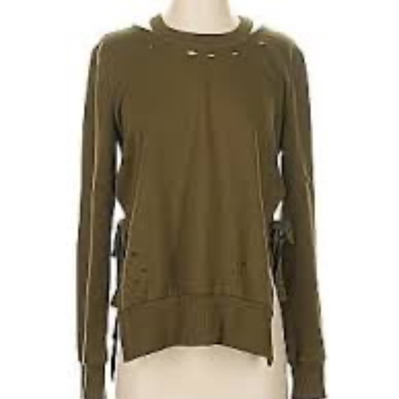 Fate by LFD Olive Green Distressed Sweatshirt with Open Tie Sides | Size Small - Picture 2 of 10